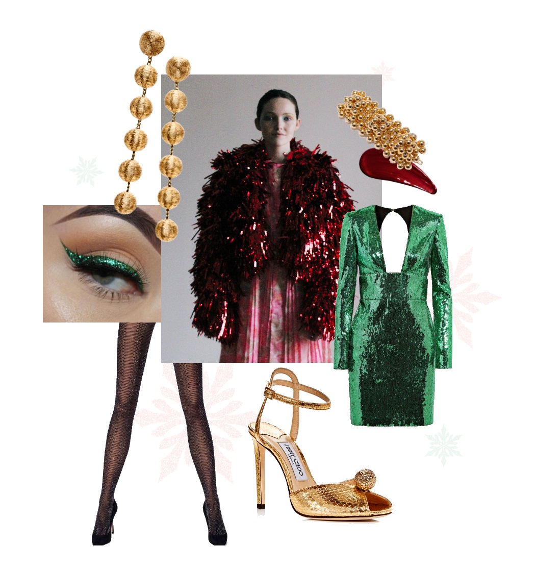 outfit set: a Christmas-green sequinned cocktail dress with long sleeves and daringly low-cut decolletage, a bright red coat made of tinsel, ball-shaped gold accessories, black semi-sheer glitter tights, a green glitter vintage cat-eye, and a smear of high-shine red lipstick